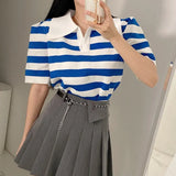 New 2022 Striped Knitted Korean Fashion Women's Summer Shoulder Pads Sweaters Vintage Elegant Lady Short Tops