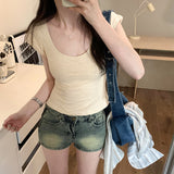 Low Round Collar Solid Color Short-Sleeved T-Shirt Women's Early Spring New U-Collar Slub Cotton Slim And Thin Bottom