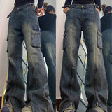 Zip Up Cargo Pocket Straight Leg Washed Jeans-Outfit