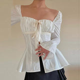 Fongt Shirt Women's Slim Pleated Strap Set Horn Long Sleeve Top Y2K-Outfit