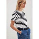 T-Shirt Short Sleeves 2024 New Versatile Simple Loose Cotton Round Collar Striped Short Sleeves-Outfit