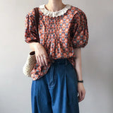 Floral Women Short Shirts Short Sleeves Lace Up Neck Korean Chic Lady Blouse Patchwork Female Outwear