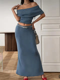 Ribbed Off-Shoulder Top And Maxi Skirt Set-Outfit