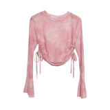 Solid Shot Tie Dyed Mesh Yarn Small Lequine Horn Long Sleeve Thin T-Shirt Drawstring With Short Repair Body Coat