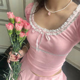 Sweet Girl Lace Lace Stitching U-Collar Temperament Aging Pink Casual Bubble Sleeve T-Shirt-Outfit