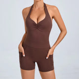 Fongt Adjustable Neck Hanging Nude Yoga Jumpsuit On Both Sides Of The Pockets-Outfit