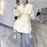 Lady Sailor Collar Shirt Korean Loose Spring Autumn Sashes Commute Female Clothing Single-breasted Casual Basic Blouse-Outfit