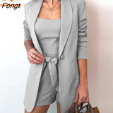 and Summer Solid Color Vest Suit Jacket Fashion Temperament High Waist Shorts Three-piece Women's Dress Pink