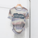 Real Shooting Embroidery With Straight Shoulder Short-Sleeved Mesh T-Shirt Fold Irregular Perspective Hood Top