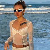 Fongt Women's Spring / Summer 2023 Sexy Mesh Wood Ear Lace Perspective Long Sleeve Top-Outfit
