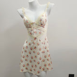 Fongt Pajamas 2025 Women's New High-End Printed Bows Small Breast With Chest Cushion Ice Ribbon Sling Skirt