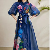 Fongt Elegant Dress Women's Summer Court Wind Strap To The Waist Three-Dimensional Flower Lantern Sleeve Print Mesh Dress