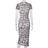 Dress Mesh Transparent Maxi Dresses Y2K Aesthetic Short Sleeve Skinny Bodycon 90s Vintage Long Dress Summer