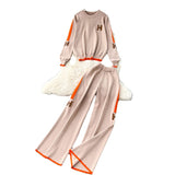 Fongt Letter Embroidered Knitted Shirt Long Sleeve Sweater High Waist Broad Leg Trousers Casual Sports Two-Piece Suit Woman