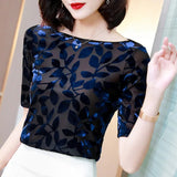 Summer Mesh Tees Women's Slim Half Sleeve Slash Neck T-shirts Girl Printing Velour Leaves Stretchy Tshirt Top-Outfit