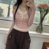 Girls Sexy Lace Straps Tight Show Thin Knitted Long Sleeves Two-Piece Set 2024 Pure Sweet Wind Blouse