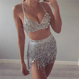 Shiny Sequined 2 Piece Set Women Spaghetti Strap Patchwork Bra Crop Top Bling Tassel Waist Chain Clubwear 2 Pcs