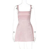 Solid Satin Square Neck Strap Mini Dress-Outfit