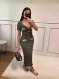 Fongt Summer Women's New Short-Sleeved V-Neck Dress