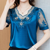 Neck Fashion Lace Satin Blouses Flower Embroidery Elegant 2023 Woman Summer Silk Short Sleeve Shirts Youth Top Blusas