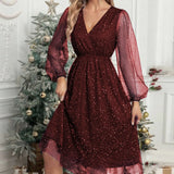 Fongt New V-Collar Elegant Slim Solid Color Stitching Mesh Perspective Sprinkling Powder Dress Female-Outfit