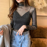 Mesh Blouses Tees Female Autumn Transparent Full Sleeve Elegant Stretchy Turtleneck Shirts Tops Undershirts For Women-Outfit
