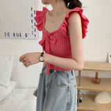 Fongt Care Machine Sling Women's Summer New Vest Solid Color Bow Tie With Short Lotus Leaf Tops