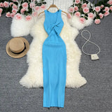 Fongt Sexy Round Neck Kink Solid Color Vest Knit Skirt Front And Back Two Wear Elastic Tight Wrap Hip Dress-Outfit