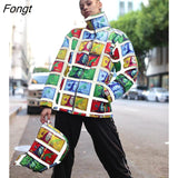 Colorful Dollar Print Cotton Padded Coat Women Winter Detachable Hoodie Stand Collar Long Sleeve Zipper Down