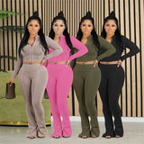 Fitness Tracksuit Women Two Piece Set 2024 Autumn Winter Long Sleeve Cropped Jacket Top and Flare Pants Matching Sets-Outfit