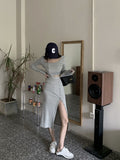 Fongt New Suit Hottie Exposed Umbilled Long-Sleeved Top + High Waist Open Half-Body Bag Skirt Two