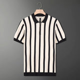 Fongt Summer Short-Sleeved Men's Korean Version Of Retro Striped Personality Zipper Half-Sleeved Knitted Shirt Casual T-Shirt Man's Tide