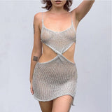 Fongt Collar Fashion Women's Sexy Sling Skirt Hollow Knitted Dress Short Solid-Color Bag Hip Beach Dress Woman