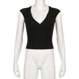 Girl Style Simple Solid Color Basic Sexy Low-Cut V-Neck Slim Flying Sleeve T-Shirt 2024 Spring / Summer New Style-Outfit