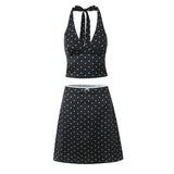 Satin Black Polka Dot Bow Halter Tank Top And MIDI Skirt Set-Outfit