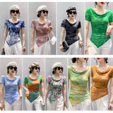 Printed Mesh Tee Shirt Female Slash Neck Short Sleeve Irregular T Shirts Women Summer T-shirt Top-Outfit