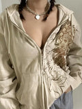 khaki zip-up hoodie with floral