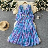 Fongt Temperament Elegant Dress Women's High-End Lantern Sleeves To Close The Waist Thin V-Neck Print Lotus Leaf Side Dress