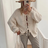 Fongt Autumn Winter New Round Collar Long Sleeve Top Pink Lace Sweater Lazy Wind Women's Cardigan