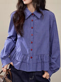 Fongt Plaid Shirt Woman 2025 Spring New Thin Soft Leaf Side Long-Sleeved Shirt Blouse Short Autumn