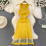 Fongt Summer High-End Sense Temperament Round Recipient Waist Thin A-Word Mesh Splicing Knitted Vest Dress