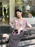 Fongt Price Does Not Return] Xiu Xixi 2025 Autumn Lotus Leaf V-Neck Chiffon Shirt Long-Sleeved Shirt Women 89573