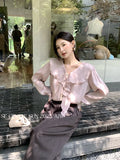 Fongt Xixi 2025 Autumn White Label Thin Temperament Hundred Lotus Leaf V Collar Chiffon Shirt Long-Sleeved Shirt Lady 89573