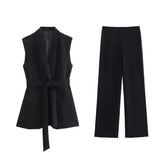 Fongt Women's Explosive Solid Color With Belt Medium Long Vest + Casual Pants Set