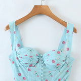 Blue Floral Mini Ruched Slit Bustier Dress-Outfit