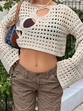 Hollow Out Long Sleeve Knit Crop Top-Outfit