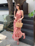 Fongt Xixi 2025 Summer New Korean Version Of High-Waisted Holiday Sling Dress V-Neck Print Pure Desire Skirt 88277