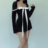 Black Stripe Long Sleeve Bow Mini Dress-Outfit
