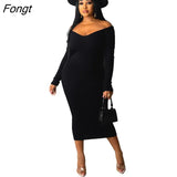 Women Solid Knitted Midi Dress Autumn Winter Sexy V Neck Off Shoulder Long Sleeve Slim Bodycon Casual Dresses Rib