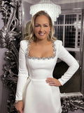 Square Collar Diamond Long Sleeves White Mini Dress-Outfit